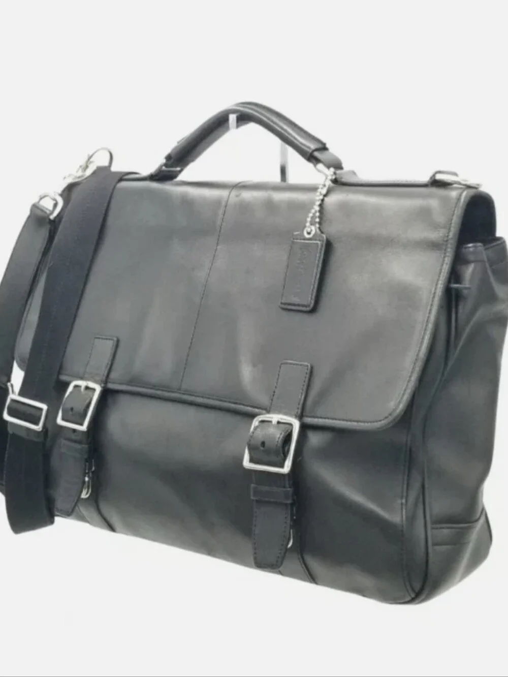 Coach Black Leather Double Buckle Briefcase with Adjustable Strap